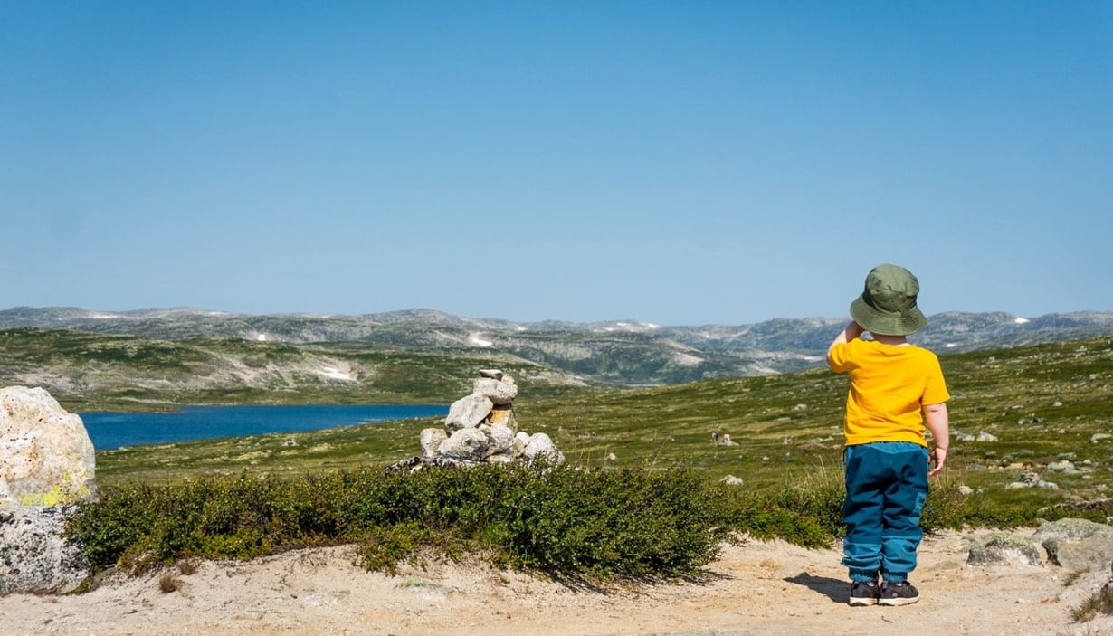 A little boy looks out over mountains in Norway
