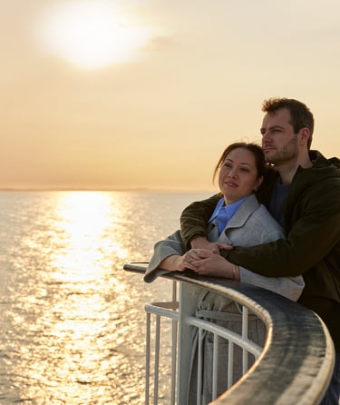 A couple in the sunset on the deck