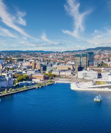 Aerial view of Oslo with water and buildings