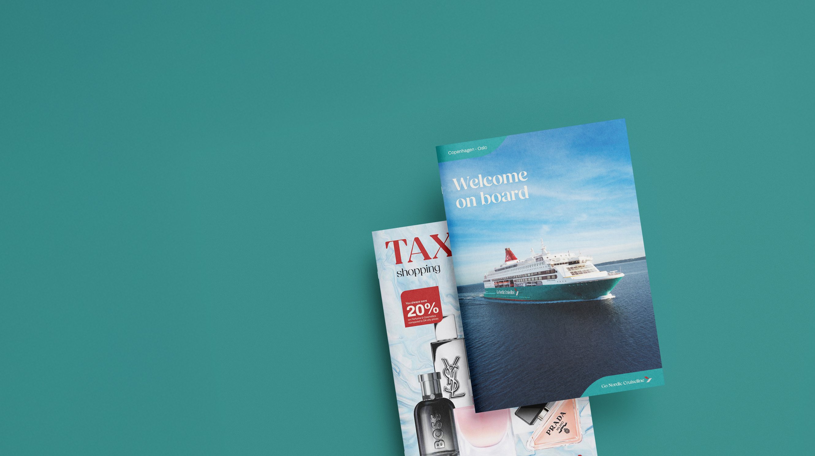 Promotional brochures featuring a cruise ship and tax-free shopping offers