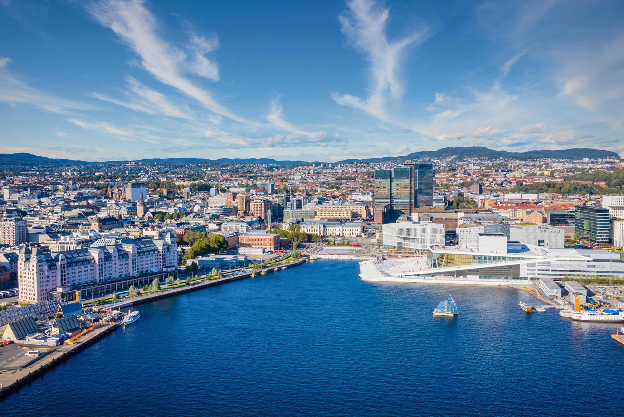 Aerial view of Oslo with water and buildings