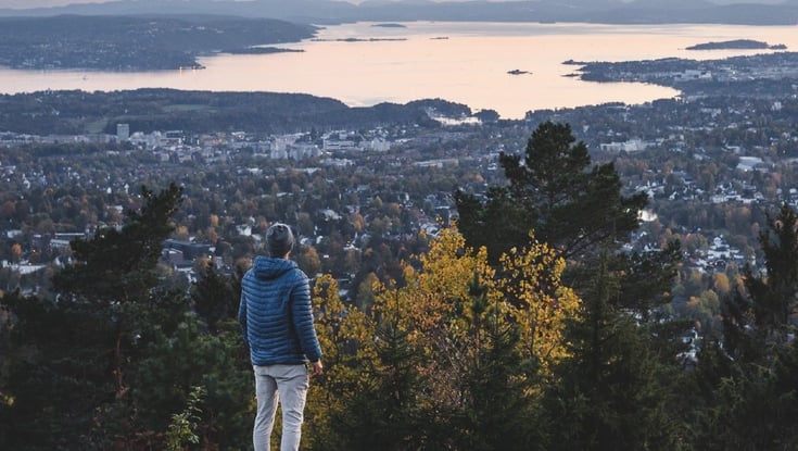 Person standing on a hill overlooking a city and fjord at sunset