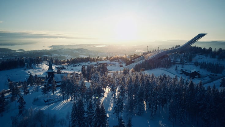 Winter landscape with Holmenkollen ski jump in Oslo.