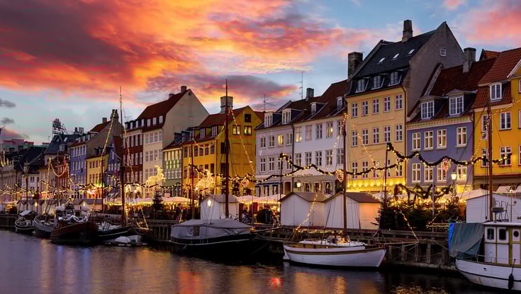 Sunset over christmas lights in Nyhavn