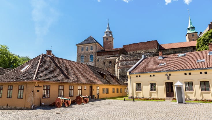 Medieval castle buildings at Akershus Fortress in Oslo.