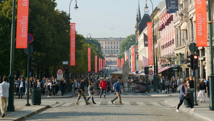 Busy street scene at Karl Johans gate in Oslo.