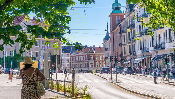 Street scene with classic buildings and pedestrians