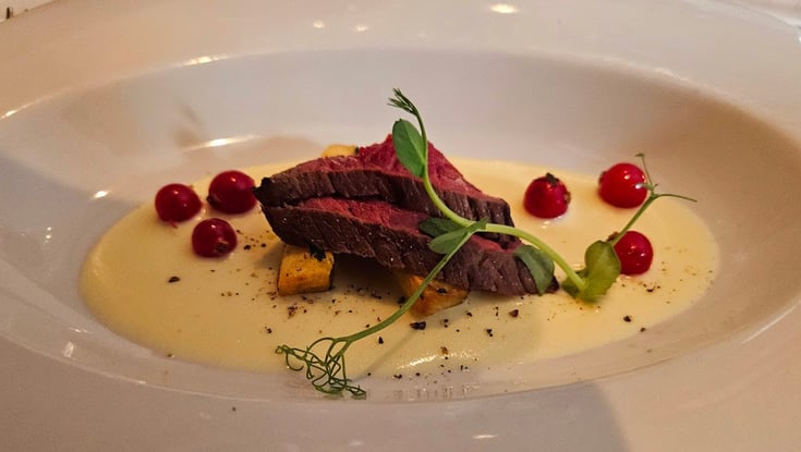 Seared meat with sauce and garnish served in Oslo.