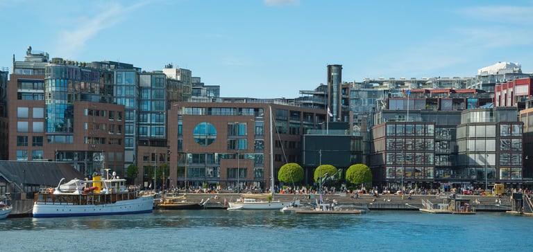 Waterfront area with modern buildings at Aker Brygge.