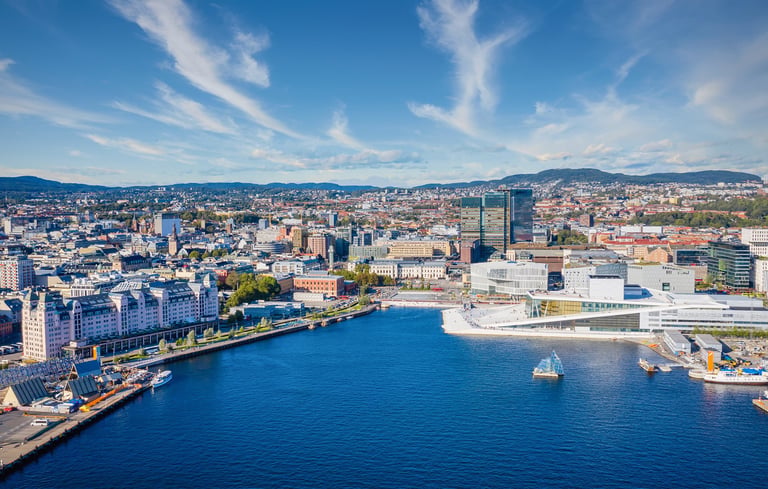 Aerial view of Oslo with water and buildings