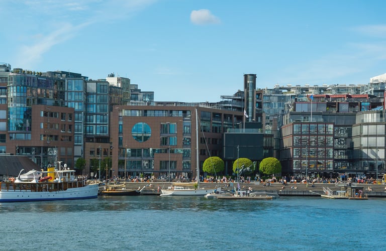 Waterfront area with modern buildings at Aker Brygge.