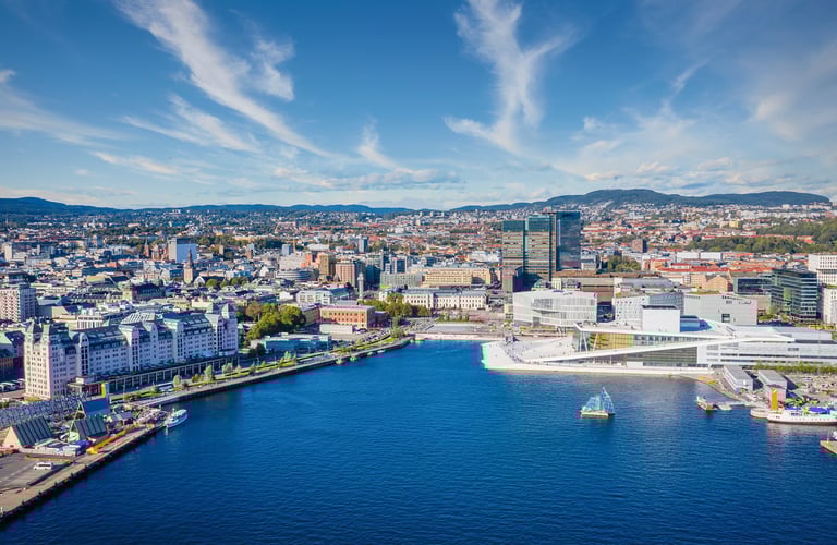 Aerial view of Oslo with water and buildings